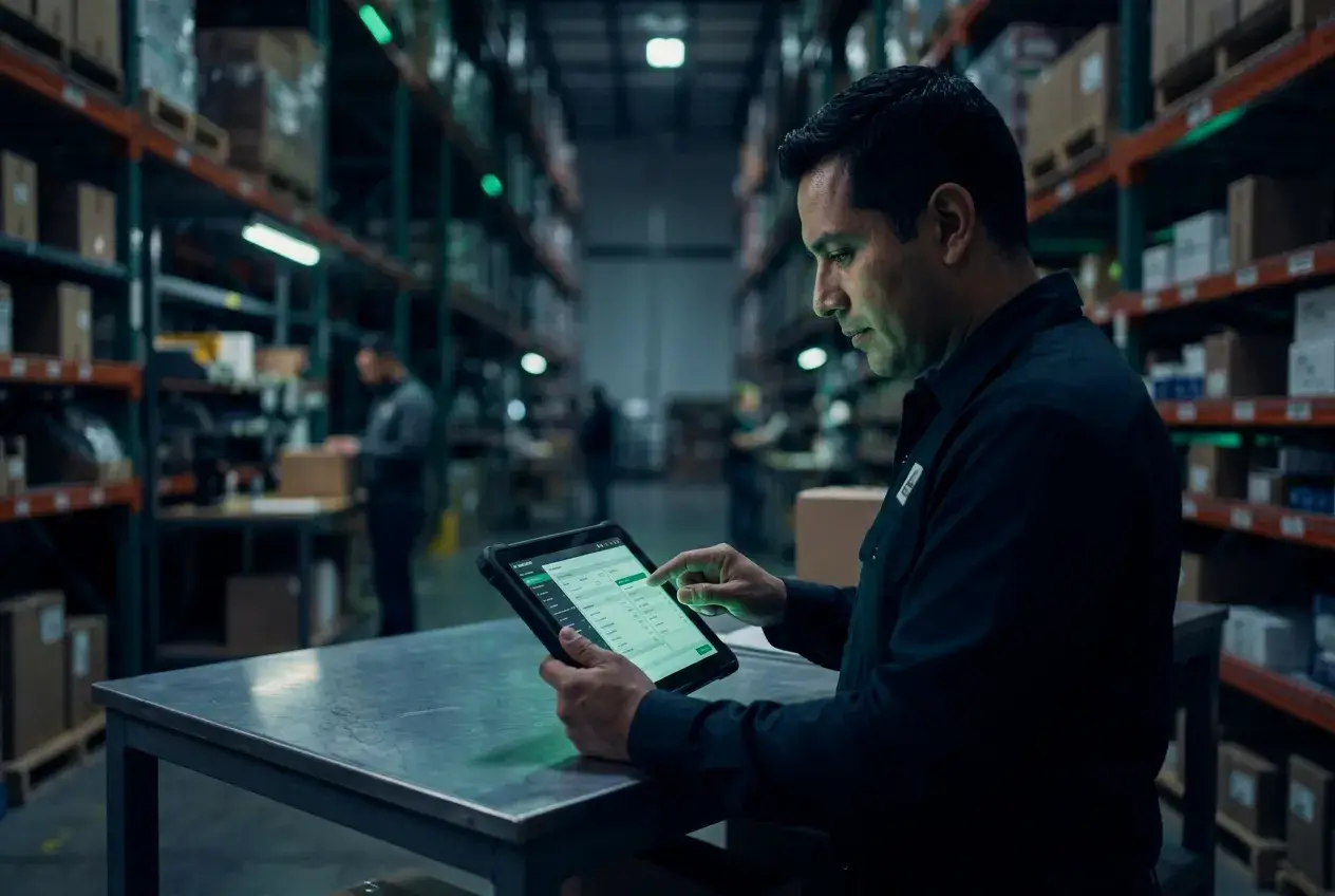 Profesional realizando un pedido de ecommerce B2B en una tablet dentro de un almacén de distribución