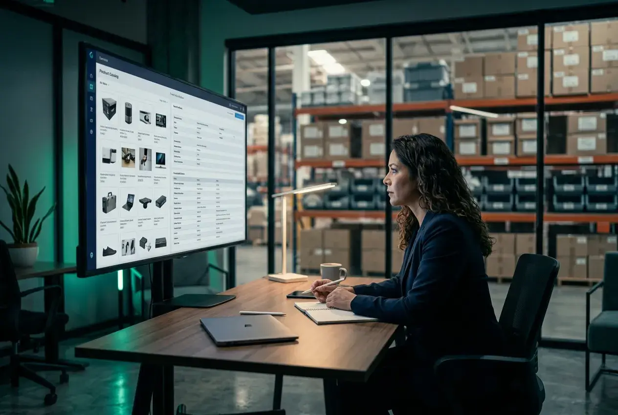 Profesional organizando el catálogo y la información de producto en una pantalla